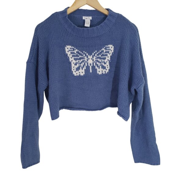 Rue21 Juniors Blue Cropped Knit Sweater White Butterfly Long Sleeves Size M‎ - Picture 1 of 5